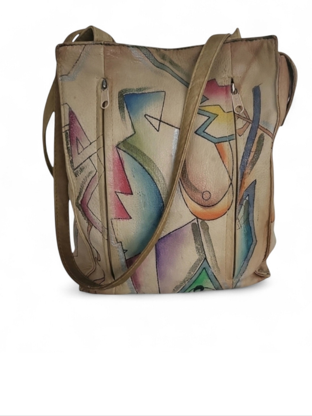 Vintage SAM SAM Hand Painted Genuine Leather Boho Shoulder Bag Tan